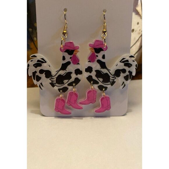 Rooster Earrings Spotted Chicken Dangle Hot Pink Cowboy Boots Quirky Western - Picture 4 of 7